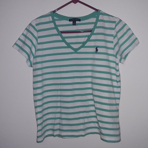 Ralph Lauren Tops - Ralph Lauren Sport ladies large white w/turqouse stripes,orange logo v neck